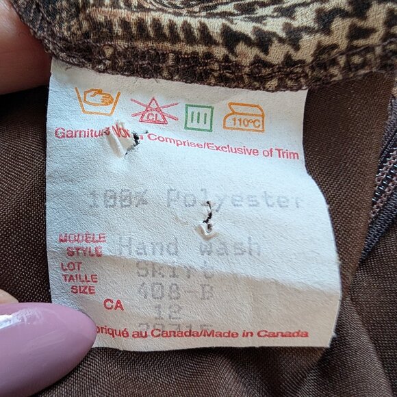 Vintage Brown Midi Skirt Houndstooth & Python Print Chiffon Size 12 Ruffle Hem - Picture 8 of 8